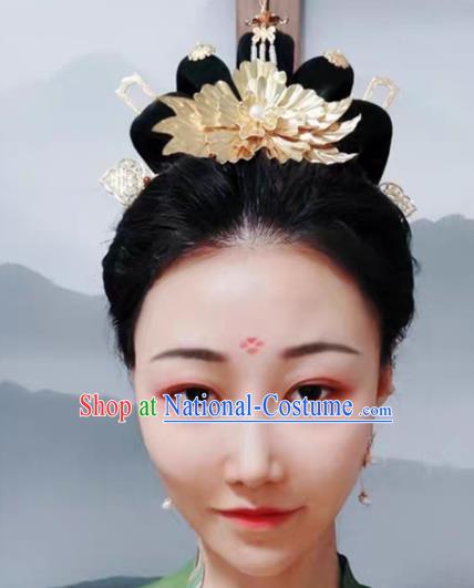 Chinese Traditional Wedding Hair Accessories Ancient Princess Gilding Peony Hairpin Classical Hair Crown Handmade Tang Dynasty Headpiece