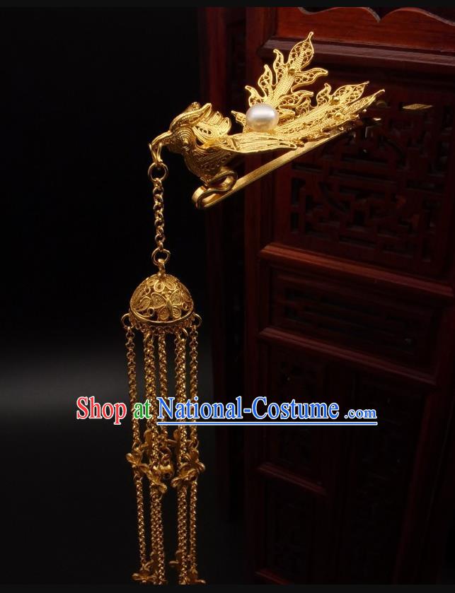 Chinese Ancient Queen Golden Phoenix Hairpin Classical Tassel Hair Stick Handmade Ming Dynasty Headpiece Traditional Wedding Hair Accessories