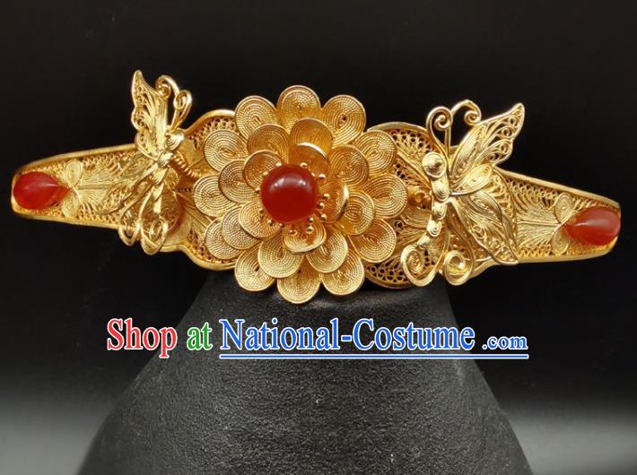 Chinese Ancient Princess Gilding Peony Hairpin Classical Hair Crown Handmade Ming Dynasty Headpiece Traditional Wedding Hair Accessories