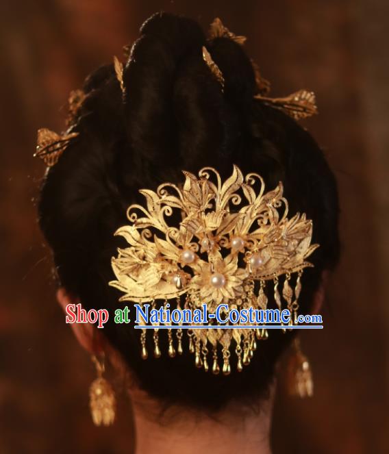 Chinese Traditional Wedding Hair Accessories Ancient Princess Gilding Hairpin Classical Tassel Hair Crown Handmade Tang Dynasty Headpiece