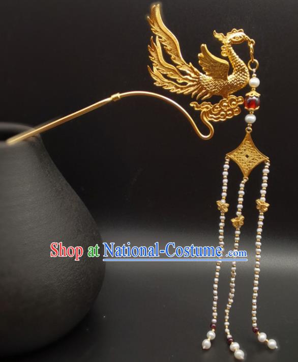 Chinese Traditional Wedding Hair Accessories Ancient Queen Golden Phoenix Hairpin Classical Pearls Tassel Hair Stick Handmade Ming Dynasty Headpiece