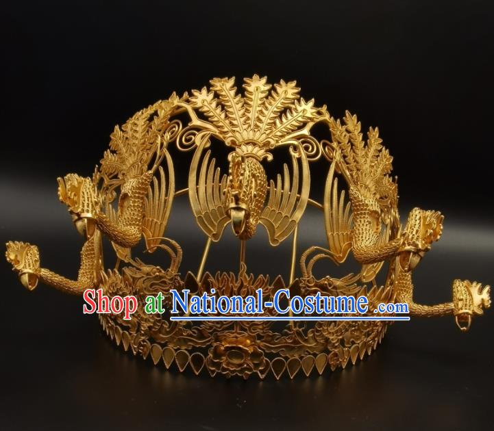 Chinese Handmade Ming Dynasty Headdress Traditional Wedding Hair Accessories Ancient Empress Golden Phoenix Coronet Classical Hair Crown