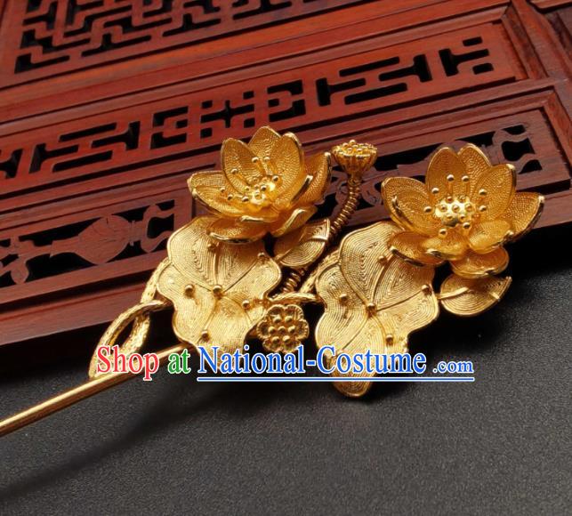 China Handmade Hair Accessories Traditional Hanfu Golden Hairpin Ancient Empress Lotus Hair Stick Classical Cheongsam Headpiece