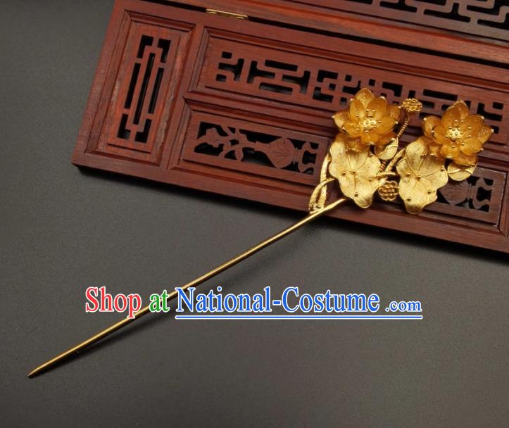 China Handmade Hair Accessories Traditional Hanfu Golden Hairpin Ancient Empress Lotus Hair Stick Classical Cheongsam Headpiece