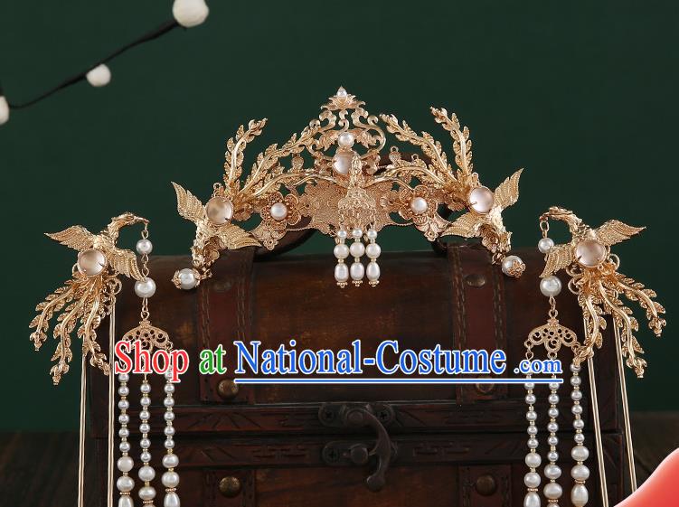 Chinese Classical Wedding Golden Phoenix Hair Crown Handmade Ming Dynasty Headpieces Traditional Hanfu Hair Accessories Ancient Empress Tassel Hairpins