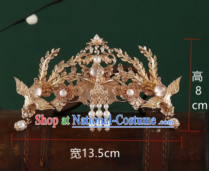 Chinese Classical Wedding Golden Phoenix Hair Crown Handmade Ming Dynasty Headpieces Traditional Hanfu Hair Accessories Ancient Empress Tassel Hairpins