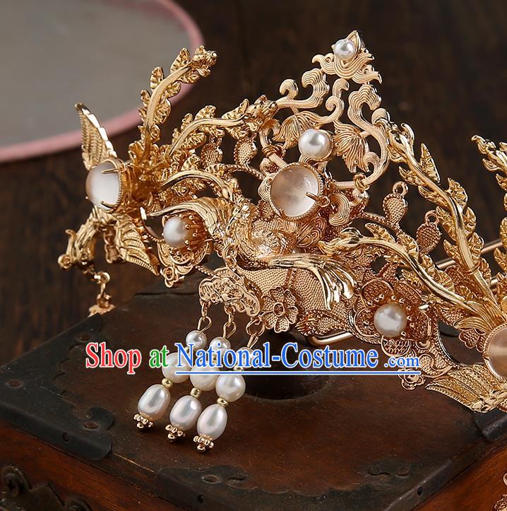 Chinese Classical Wedding Golden Phoenix Hair Crown Handmade Ming Dynasty Headpieces Traditional Hanfu Hair Accessories Ancient Empress Tassel Hairpins