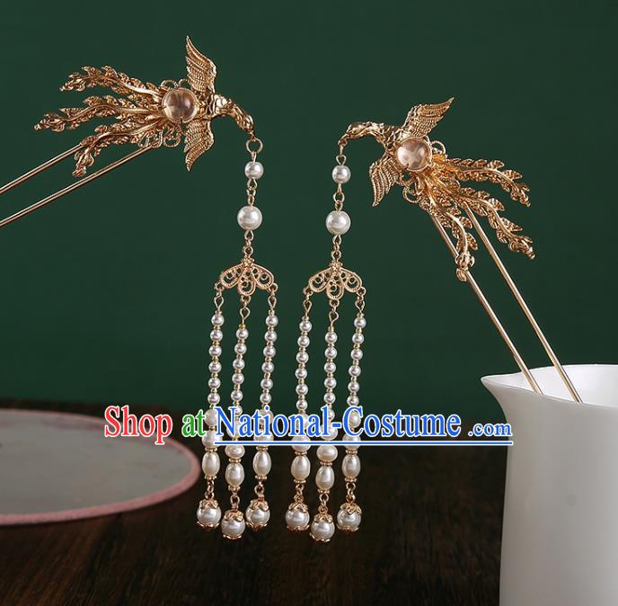 Chinese Classical Wedding Golden Phoenix Hair Crown Handmade Ming Dynasty Headpieces Traditional Hanfu Hair Accessories Ancient Empress Tassel Hairpins