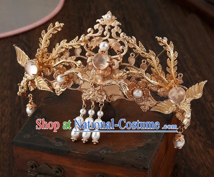 Chinese Classical Wedding Golden Phoenix Hair Crown Handmade Ming Dynasty Headpieces Traditional Hanfu Hair Accessories Ancient Empress Tassel Hairpins