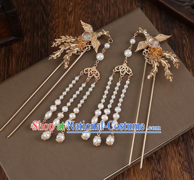 Chinese Classical Wedding Golden Phoenix Hair Crown Handmade Ming Dynasty Headpieces Traditional Hanfu Hair Accessories Ancient Empress Tassel Hairpins