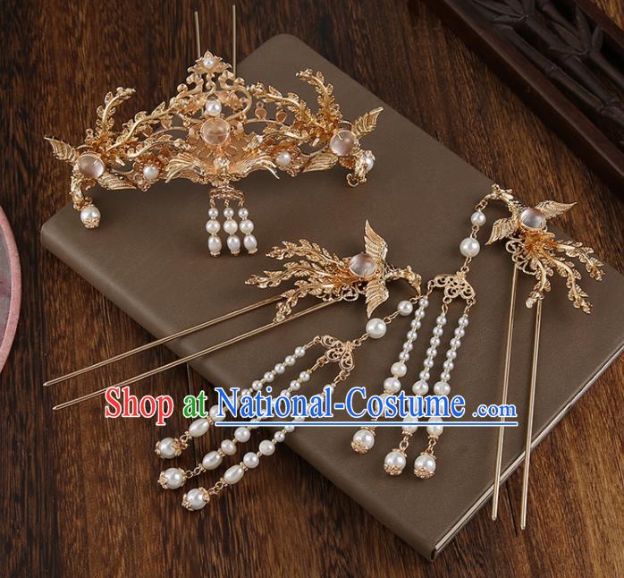 Chinese Classical Wedding Golden Phoenix Hair Crown Handmade Ming Dynasty Headpieces Traditional Hanfu Hair Accessories Ancient Empress Tassel Hairpins