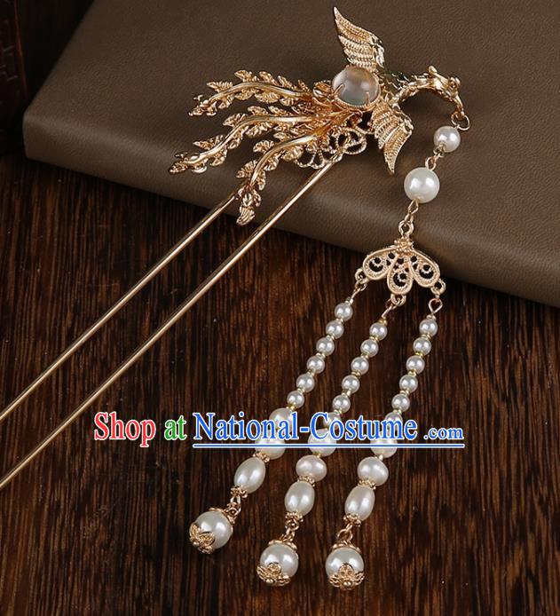 Chinese Classical Wedding Golden Phoenix Hair Crown Handmade Ming Dynasty Headpieces Traditional Hanfu Hair Accessories Ancient Empress Tassel Hairpins