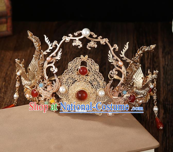 Chinese Ancient Empress Gems Hair Crown Classical Wedding Phoenix Coronet Handmade Ming Dynasty Headpiece Traditional Hanfu Hair Accessories