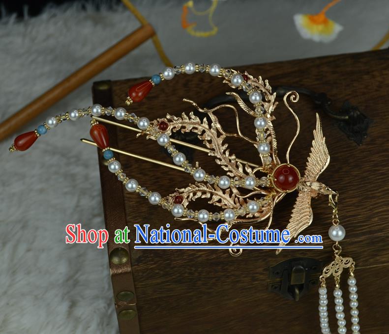 Chinese Traditional Hanfu Hair Accessories Ancient Empress Tassel Hair Stick Classical Wedding Golden Phoenix Hairpin Handmade Ming Dynasty Headpiece