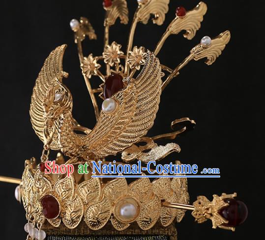 Chinese Handmade Ming Dynasty Headdress Traditional Hanfu Hair Accessories Ancient Empress Phoenix Coronet Classical Wedding Golden Hair Crown and Hairpin