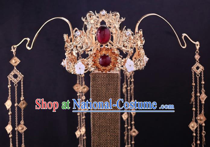 Chinese Classical Wedding Tassel Hair Crown Handmade Tang Dynasty Headdress Traditional Hanfu Hair Accessories Ancient Princess Phoenix Coronet