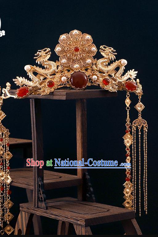 Chinese Traditional Hanfu Hair Accessories Ancient Empress Dragon Hair Crown Classical Wedding Pearls Phoenix Coronet Handmade Ming Dynasty Headdress