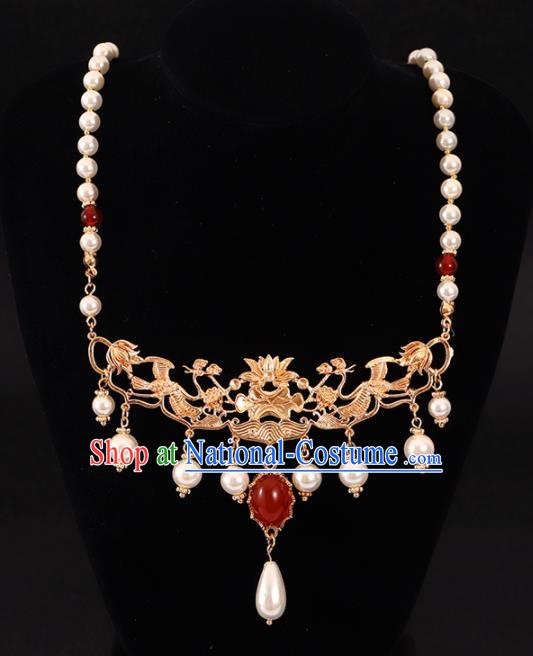 Chinese Handmade Wedding Golden Necklace Pendant Classical Jewelry Accessories Ming Dynasty Princess Necklet