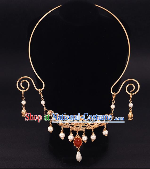 Chinese Handmade Wedding Golden Necklace Pendant Classical Jewelry Accessories Ming Dynasty Princess Necklet