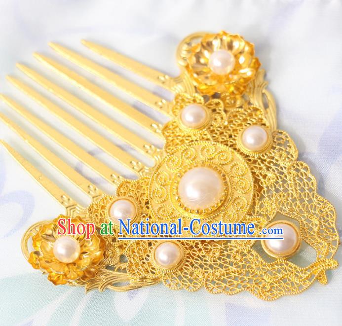 Chinese Classical Wedding Golden Hair Comb Handmade Ming Dynasty Headpiece Traditional Hanfu Hair Accessories Ancient Empress Pearls Hairpin