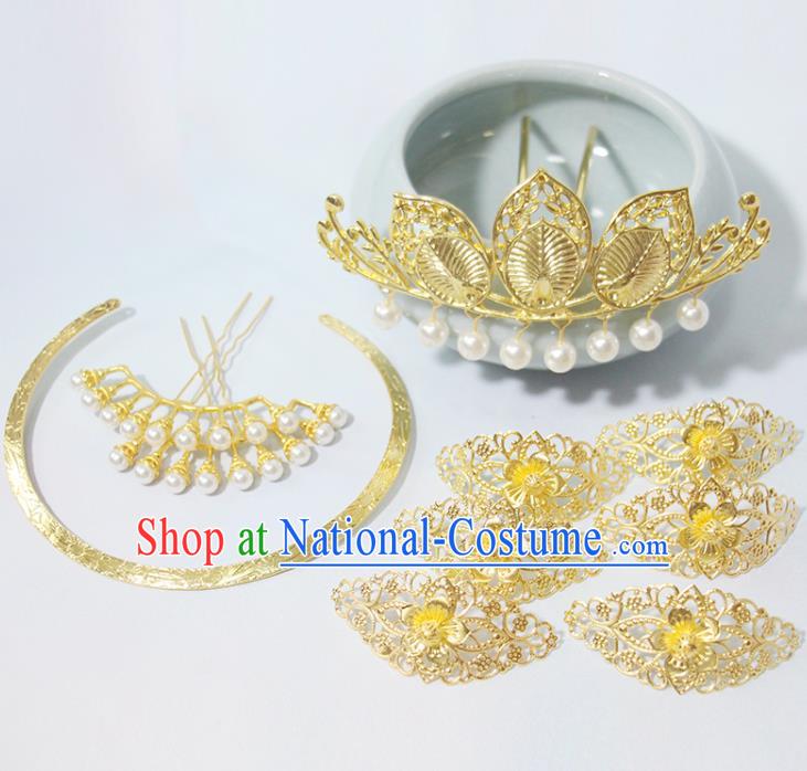 Chinese Traditional Hanfu Hair Accessories Ancient Empress Hairpins Classical Wedding Golden Hair Crown Handmade Song Dynasty Headpieces