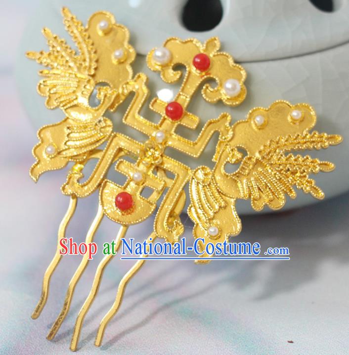 Chinese Handmade Ming Dynasty Headpiece Traditional Hanfu Hair Accessories Ancient Empress Hairpin Classical Wedding Golden Hair Comb