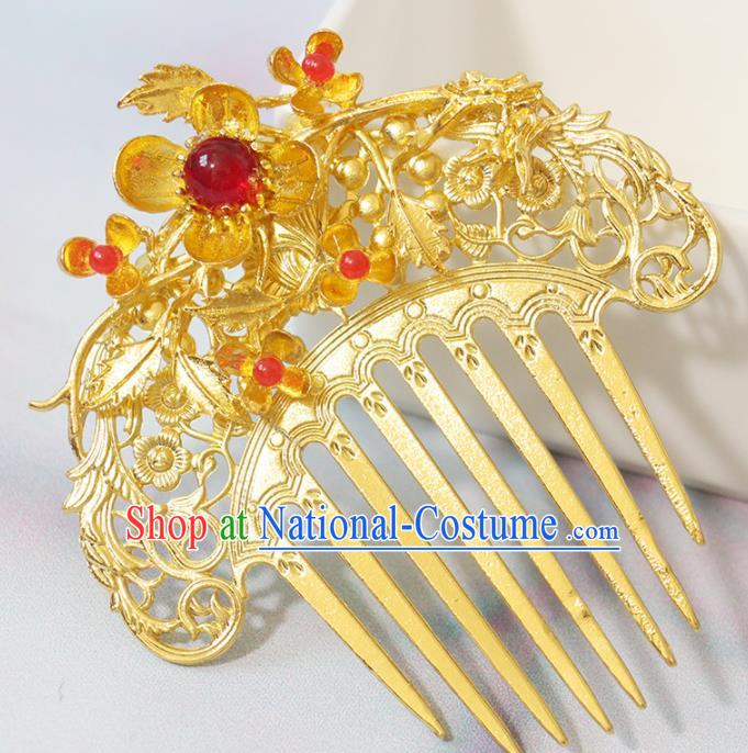 Chinese Ancient Princess Hairpin Classical Wedding Golden Hair Comb Handmade Tang Dynasty Headpiece Traditional Hanfu Hair Accessories