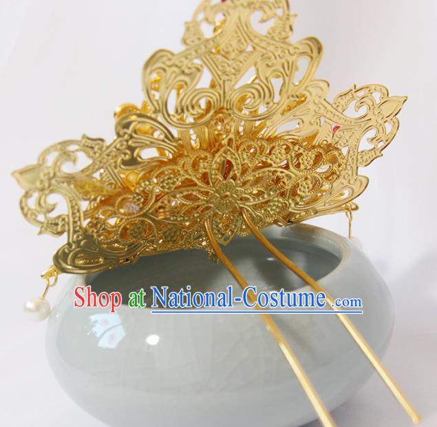 Chinese Traditional Hanfu Hair Accessories Ancient Princess Golden Phoenix Hairpin Classical Wedding Hair Crown Handmade Ming Dynasty Headpiece