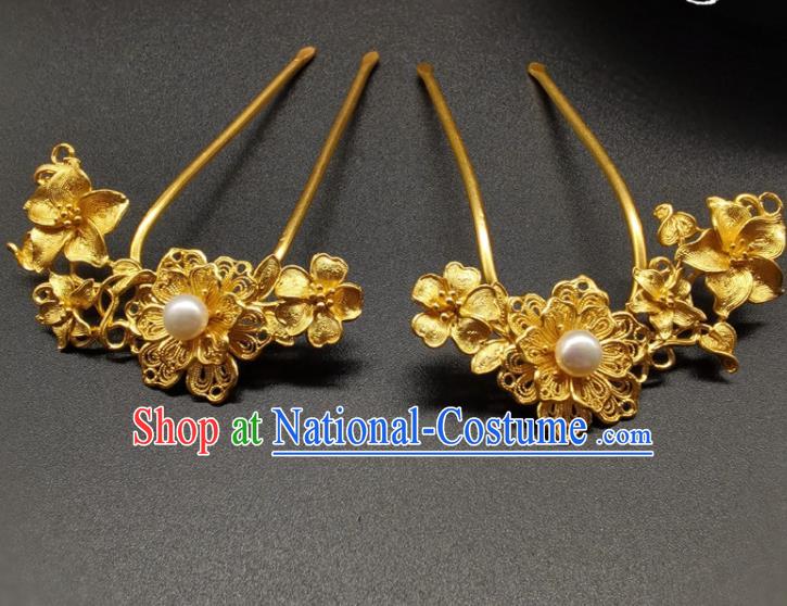 Chinese Handmade Ming Dynasty Headpiece Traditional Hanfu Hair Accessories Ancient Princess Gilding Hairpin Classical Wedding Pearl Hair Comb