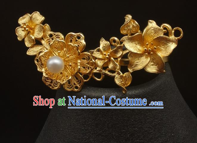 Chinese Handmade Ming Dynasty Headpiece Traditional Hanfu Hair Accessories Ancient Princess Gilding Hairpin Classical Wedding Pearl Hair Stick