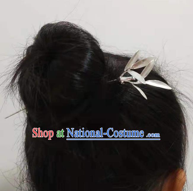 Chinese Handmade Silver Bamboo Hairpin Classical Hair Stick Cheongsam Headpiece Traditional Hair Accessories