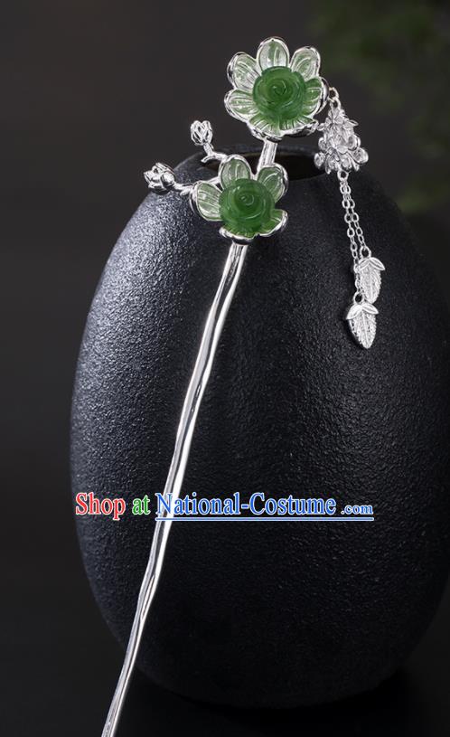 Chinese Cheongsam Headpiece Traditional Hair Accessories Handmade Silver Tassel Hairpin Classical Jade Rose Hair Stick