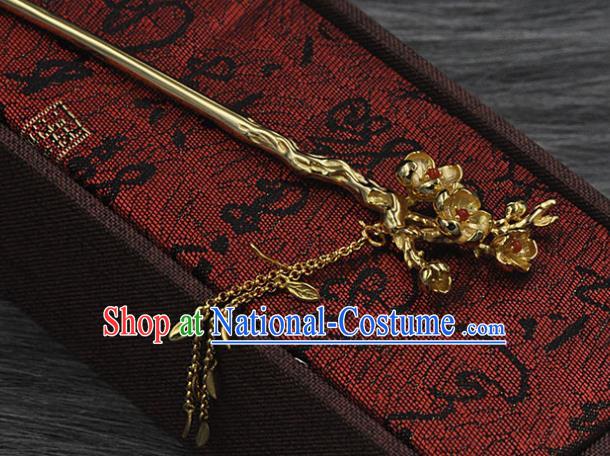 Chinese Handmade Silver Plum Hairpin Classical Golden Tassel Hair Stick Cheongsam Headpiece Traditional Hair Accessories