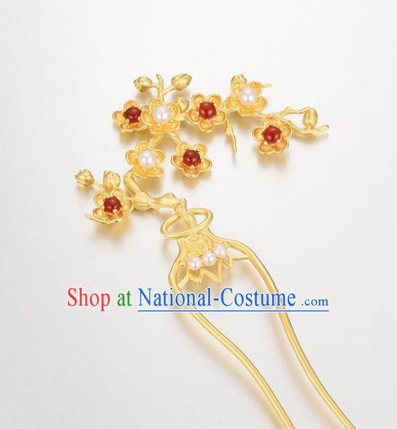 Chinese Traditional Hair Accessories Handmade Silver Plum Hairpin Classical Golden Hair Comb Cheongsam Headpiece