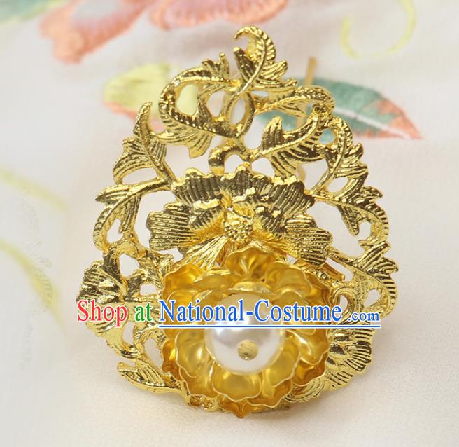 Chinese Ancient Princess Hairpin Classical Wedding Golden Peony Hair Stick Handmade Ming Dynasty Headpiece Traditional Court Hair Accessories