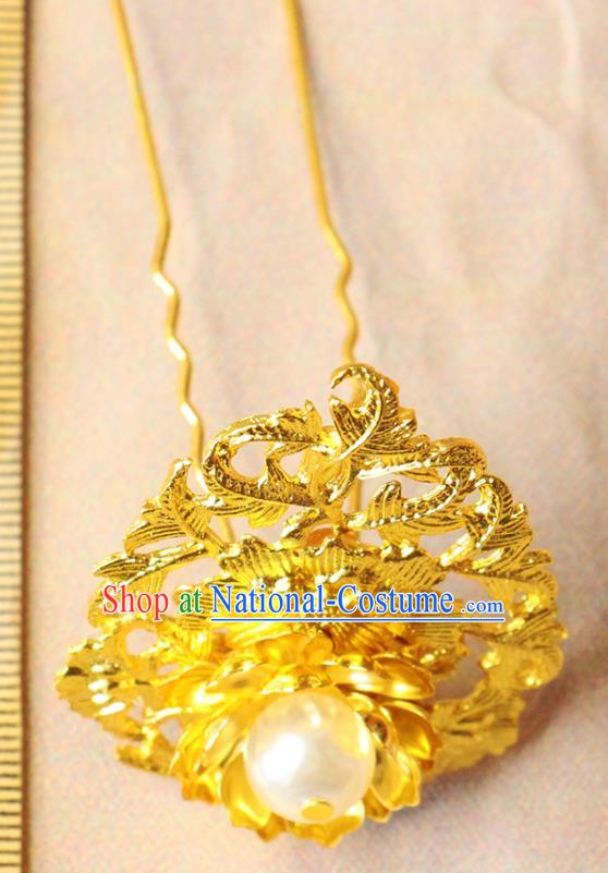 Chinese Ancient Princess Hairpin Classical Wedding Golden Peony Hair Stick Handmade Ming Dynasty Headpiece Traditional Court Hair Accessories