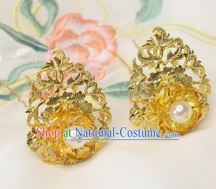 Chinese Ancient Princess Hairpin Classical Wedding Golden Peony Hair Stick Handmade Ming Dynasty Headpiece Traditional Court Hair Accessories