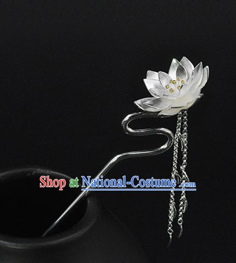 Chinese Classical Carving Lotus Hair Stick Cheongsam Headpiece Traditional Hair Accessories Handmade Silver Tassel Hairpin