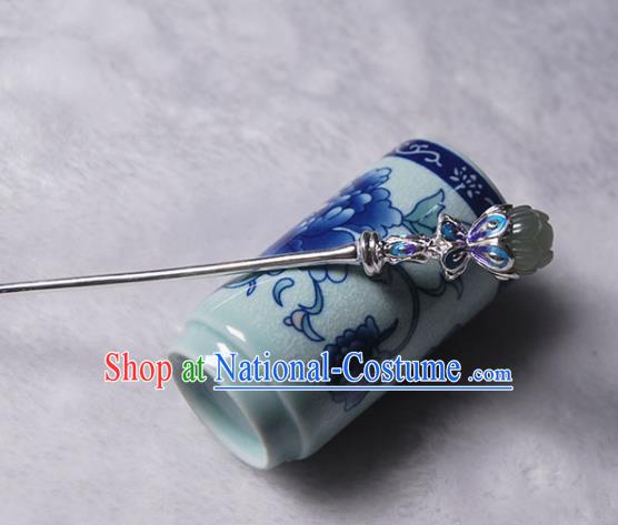 Chinese Cheongsam Headpiece Traditional Hair Accessories Handmade Jade Lotus Hairpin Classical Cloisonne Silver Hair Stick