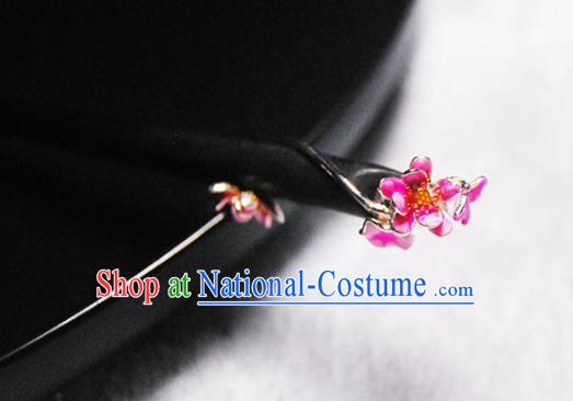 Chinese Classical Ebony Hair Stick Cheongsam Headpiece Traditional Hair Accessories Handmade Enamel Red Lotus Hairpin