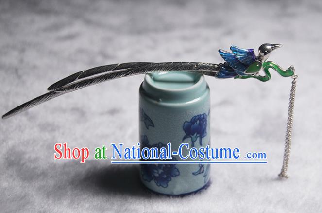 Chinese Handmade Cloisonne Silver Hairpin Traditional Hair Accessories Classical Jade Tassel Hair Stick Cheongsam Headpiece