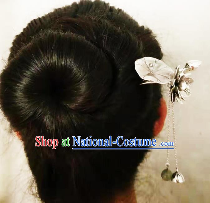 Chinese Classical Silver Lotus Tassel Hair Stick Cheongsam Headpiece Handmade Hairpin Traditional Hair Accessories