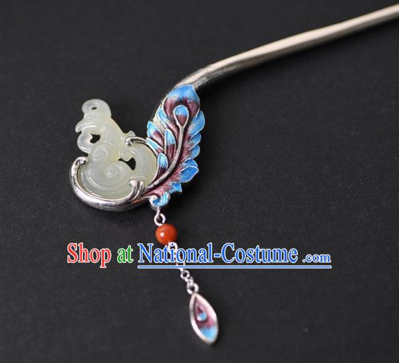 Chinese Cheongsam Headpiece Handmade Jade Phoenix Hairpin Traditional Hair Accessories Classical Cloisonne Silver Hair Stick