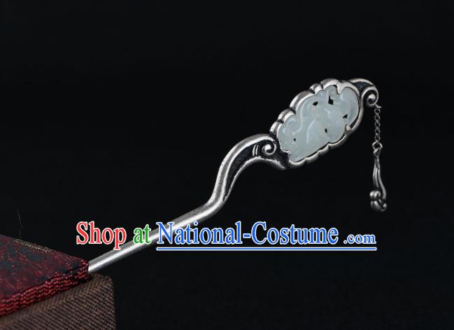 Chinese Classical Silver Tassel Hair Stick Cheongsam Headpiece Handmade Hetian Jade Hairpin Traditional Hair Accessories