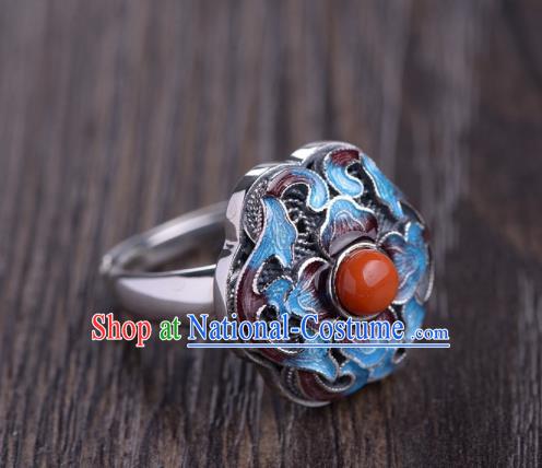 Chinese Handmade Cloisonne Ring Classical Silver Jewelry Accessories Cheongsam Agate Finger Circlet