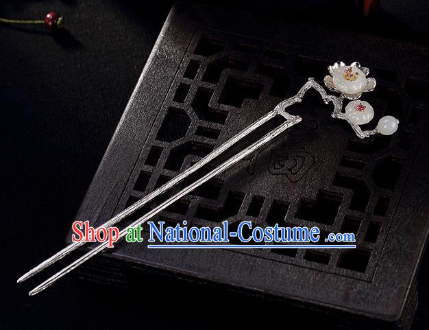 Chinese Cheongsam Accessories Headpiece Handmade Silver Hairpin Traditional Hair Jewelry Classical Jade Plum Hair Stick