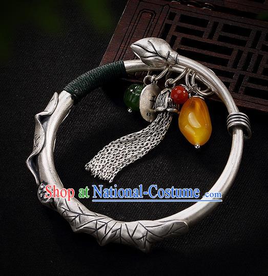 Chinese Cheongsam Wristlet Accessories Handmade Carving Lotus Bracelet Classical Silver Bangle Jewelry