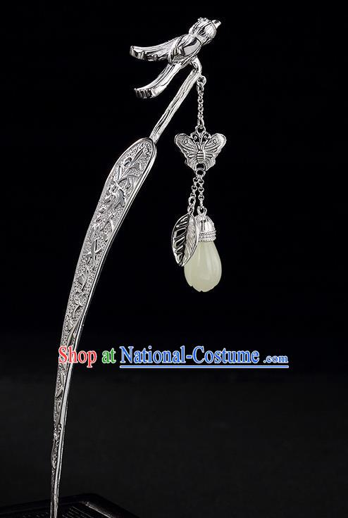 Chinese Traditional Hair Jewelry Classical Jade Mangnolia Tassel Hair Stick Cheongsam Accessories Headpiece Handmade Silver Hairpin