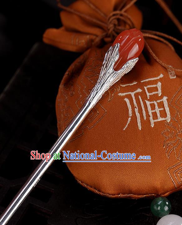 Chinese Traditional Hair Accessories Classical Silver Hair Stick Cheongsam Headpiece Handmade Agate Mangnolia Hairpin