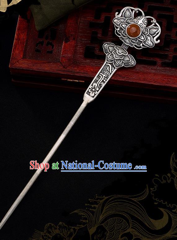 Chinese Cheongsam Accessories Headpiece Handmade Silver Carving Peony Hairpin Traditional Hair Jewelry Classical Agate Hair Stick